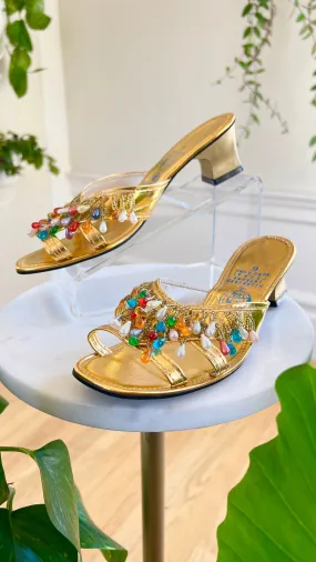 1960s Beaded Fringe Gold Sandals | size US 6