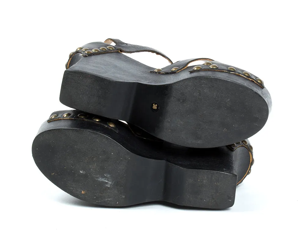1970s Studded Black Leather and Wood Platform Wedge Sandals | size 6