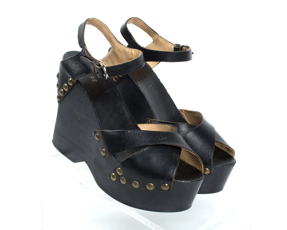 1970s Studded Black Leather and Wood Platform Wedge Sandals | size 6