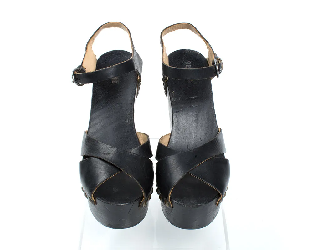 1970s Studded Black Leather and Wood Platform Wedge Sandals | size 6