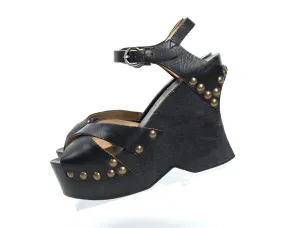 1970s Studded Black Leather and Wood Platform Wedge Sandals | size 6