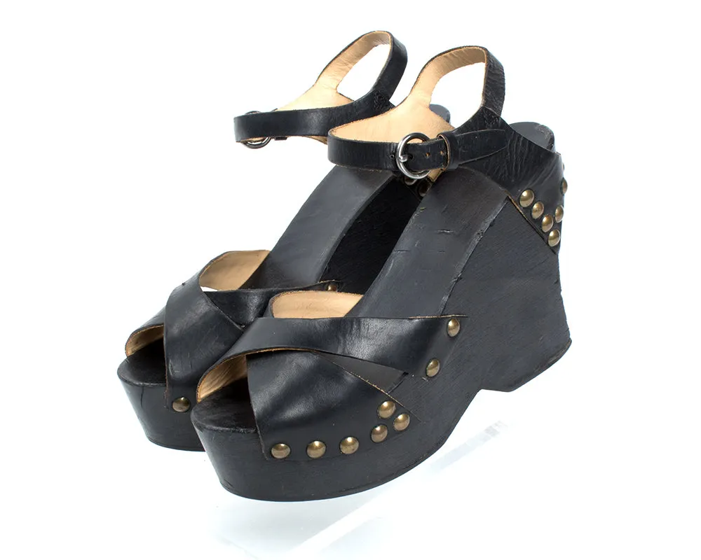 1970s Studded Black Leather and Wood Platform Wedge Sandals | size 6