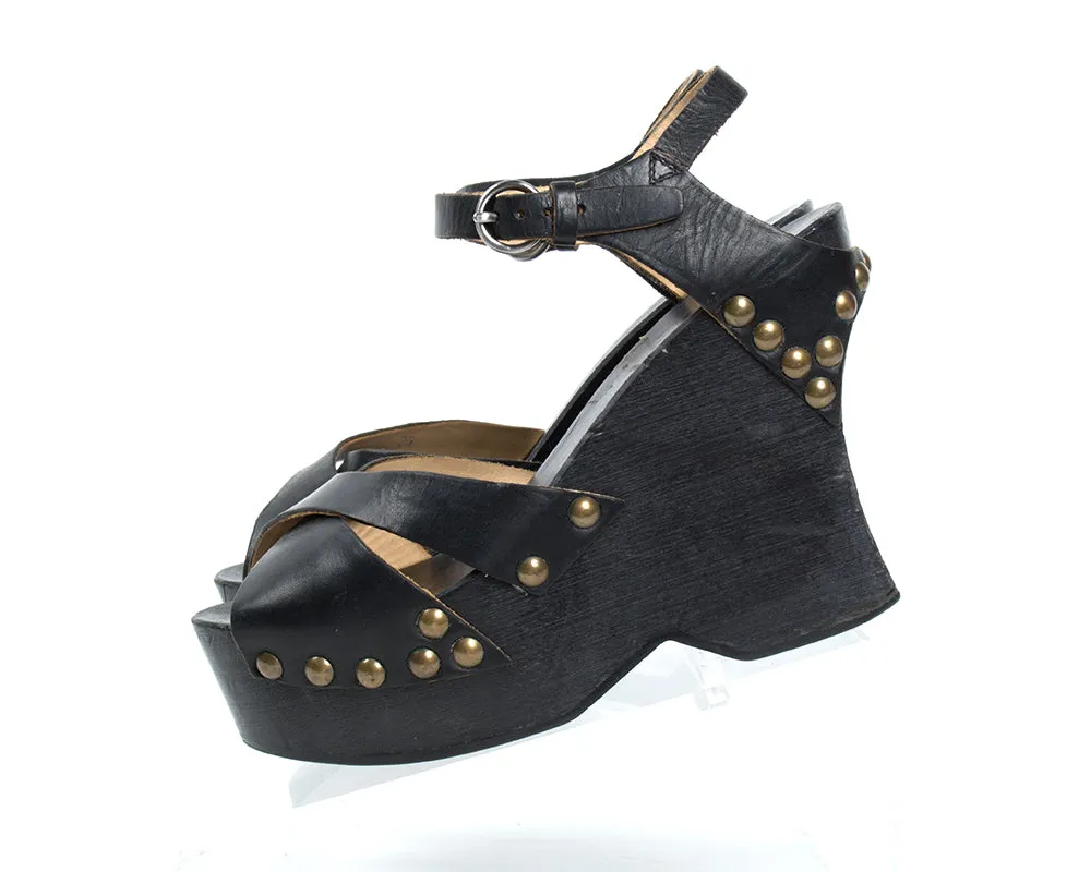 1970s Studded Black Leather and Wood Platform Wedge Sandals | size 6