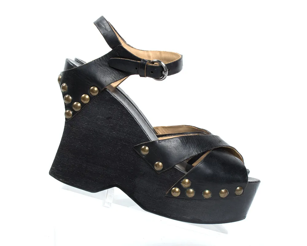 1970s Studded Black Leather and Wood Platform Wedge Sandals | size 6