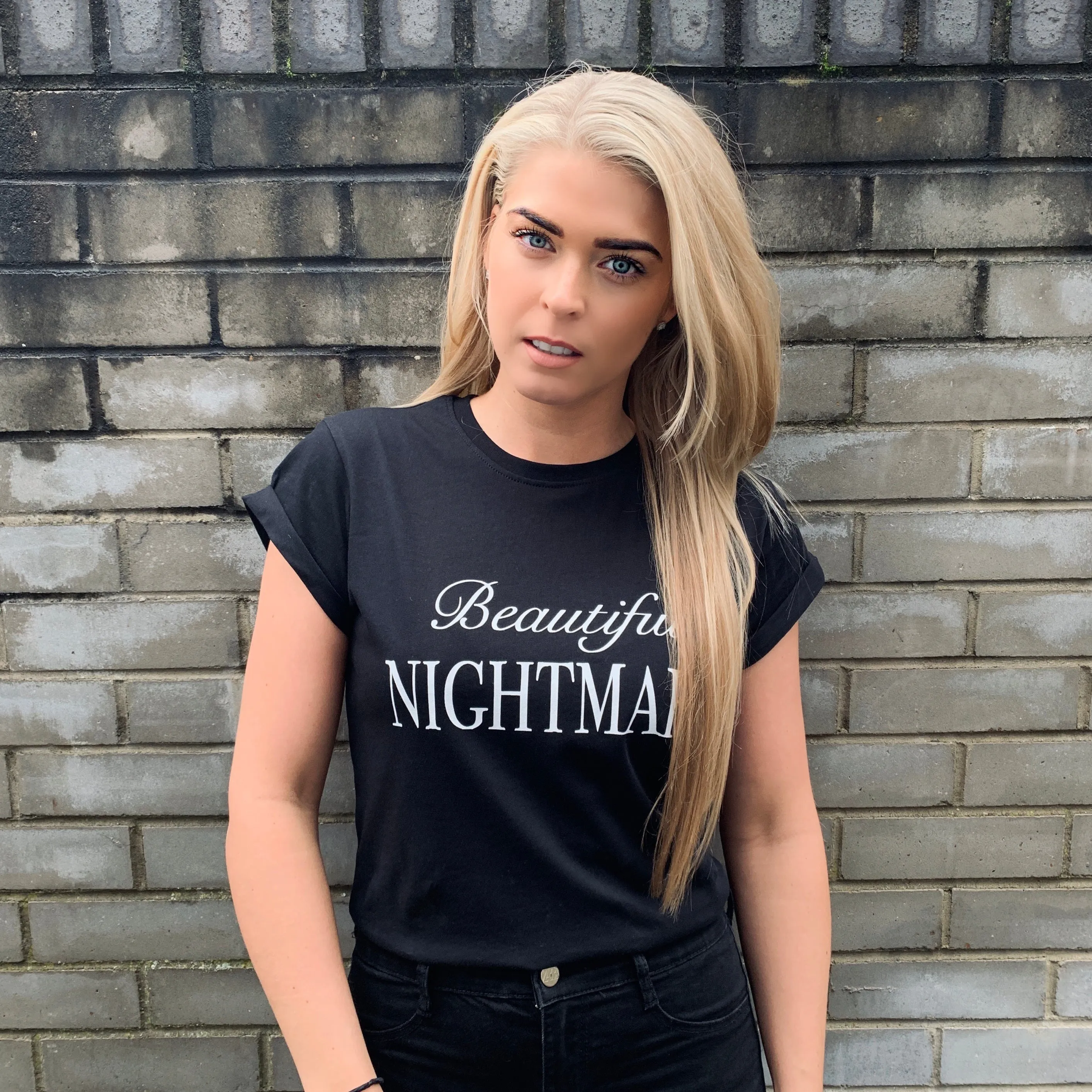 BEAUTIFUL NIGHTMARE  - BLACK SLOGAN T SHIRT CT100