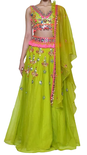 Green Organza Multi-Colored Mirrored Lehenga