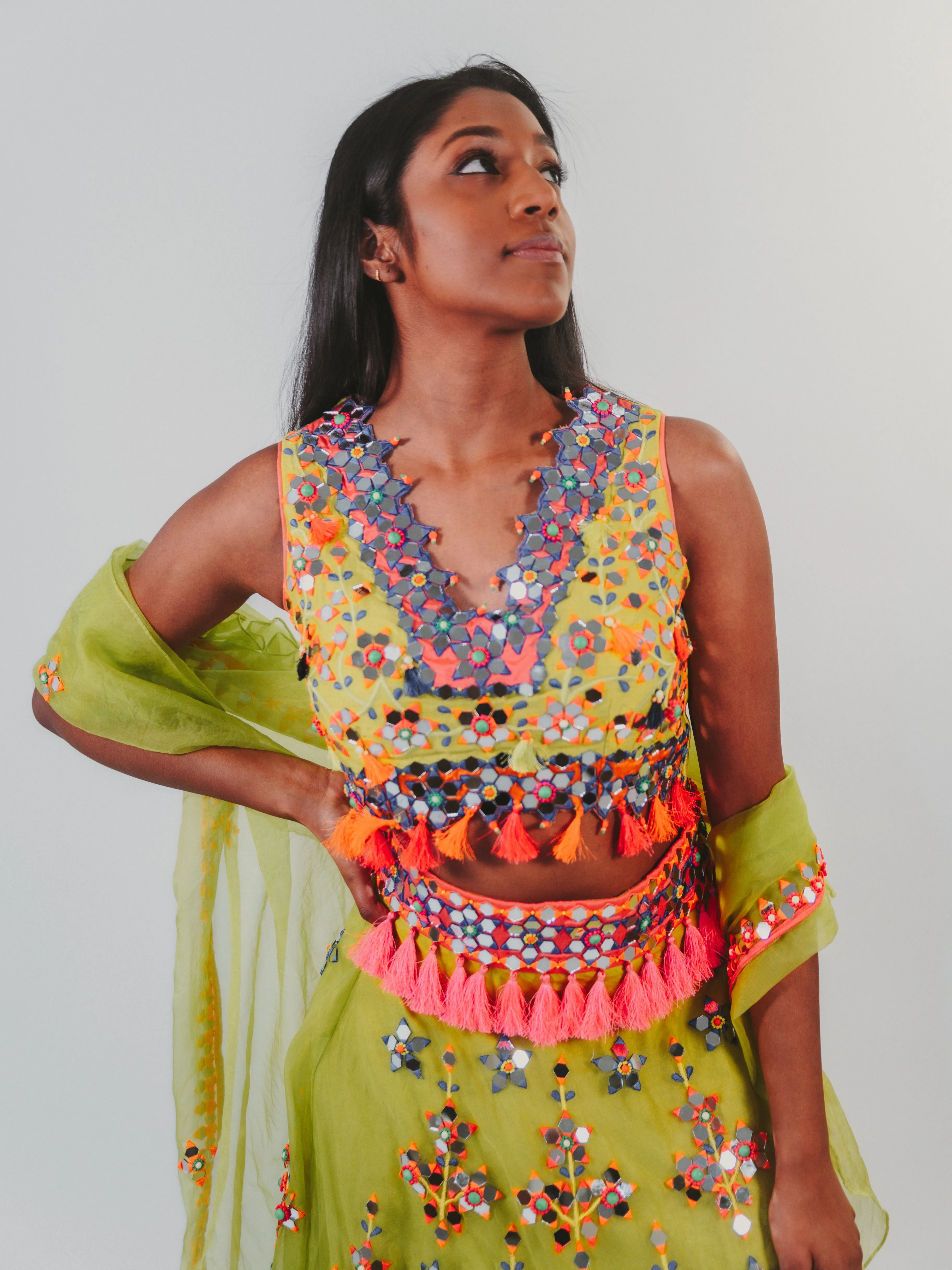 Green Organza Multi-Colored Mirrored Lehenga