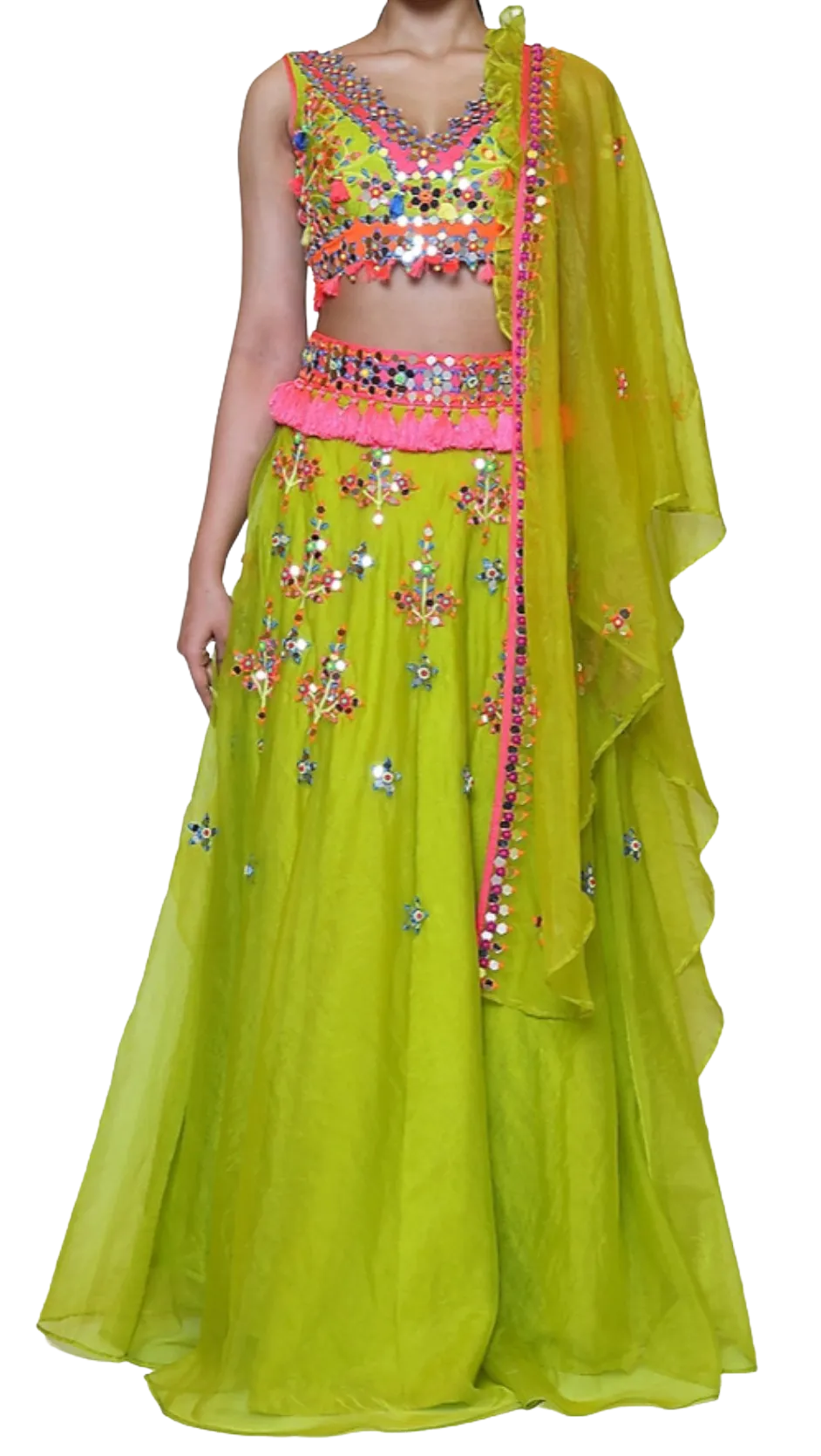 Green Organza Multi-Colored Mirrored Lehenga