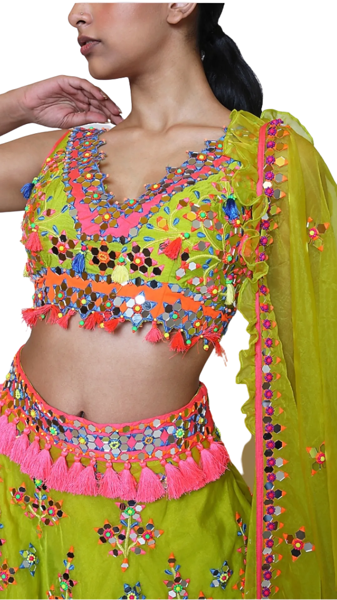 Green Organza Multi-Colored Mirrored Lehenga