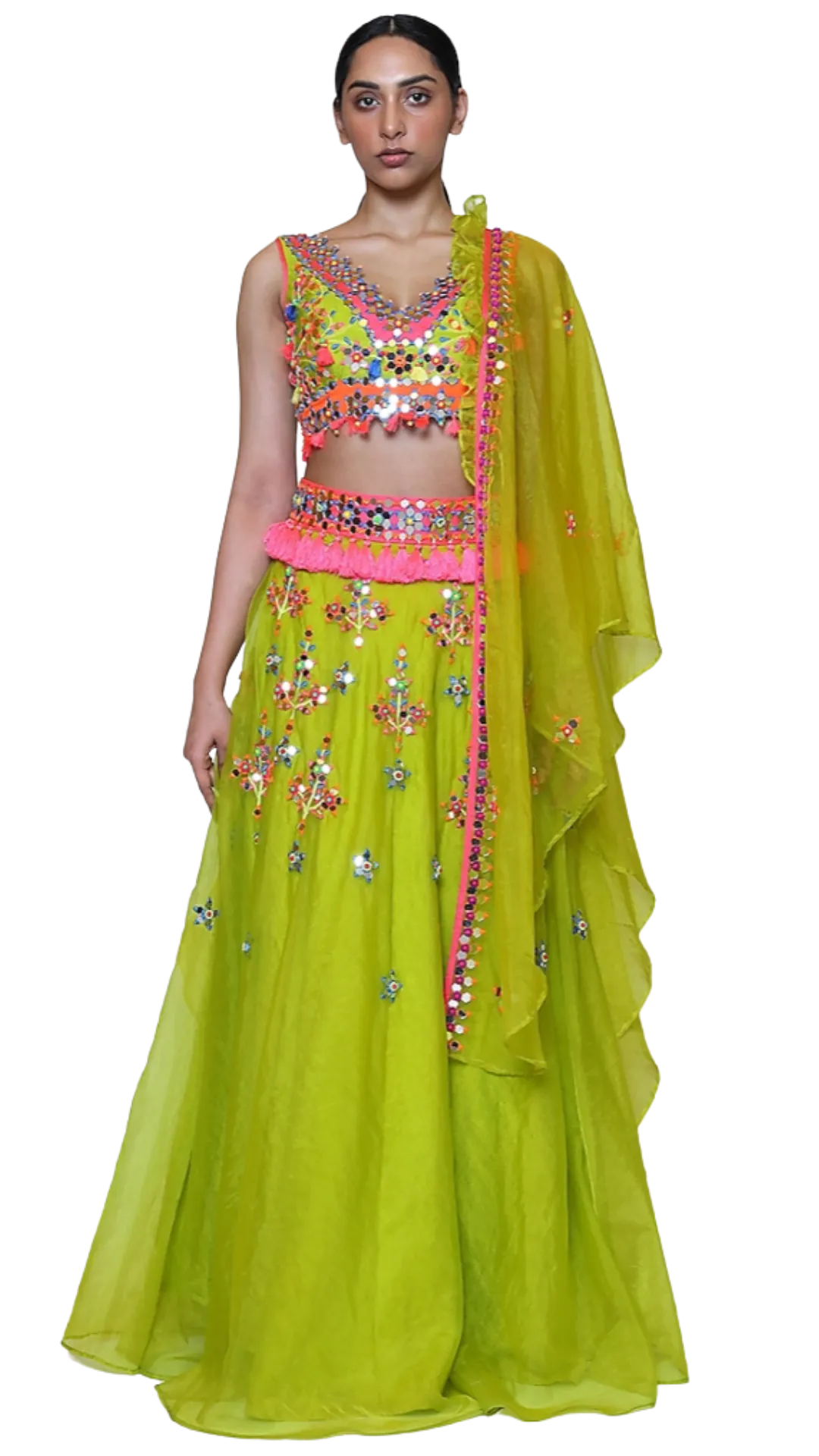 Green Organza Multi-Colored Mirrored Lehenga