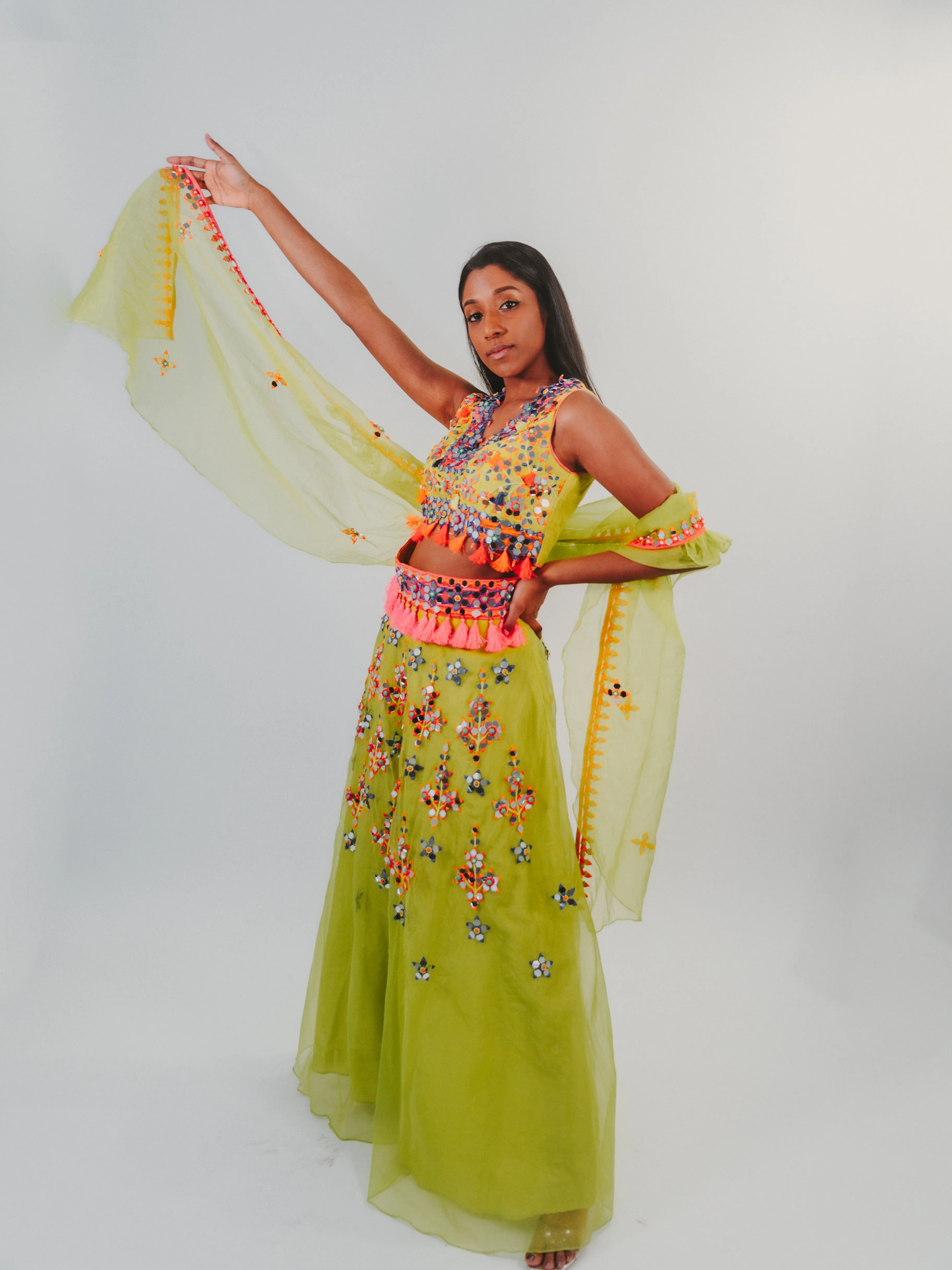Green Organza Multi-Colored Mirrored Lehenga