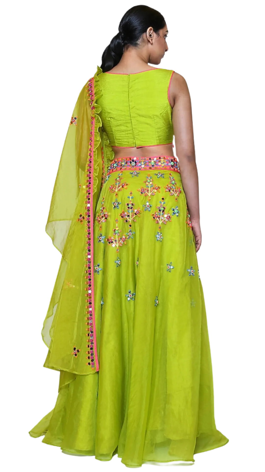 Green Organza Multi-Colored Mirrored Lehenga