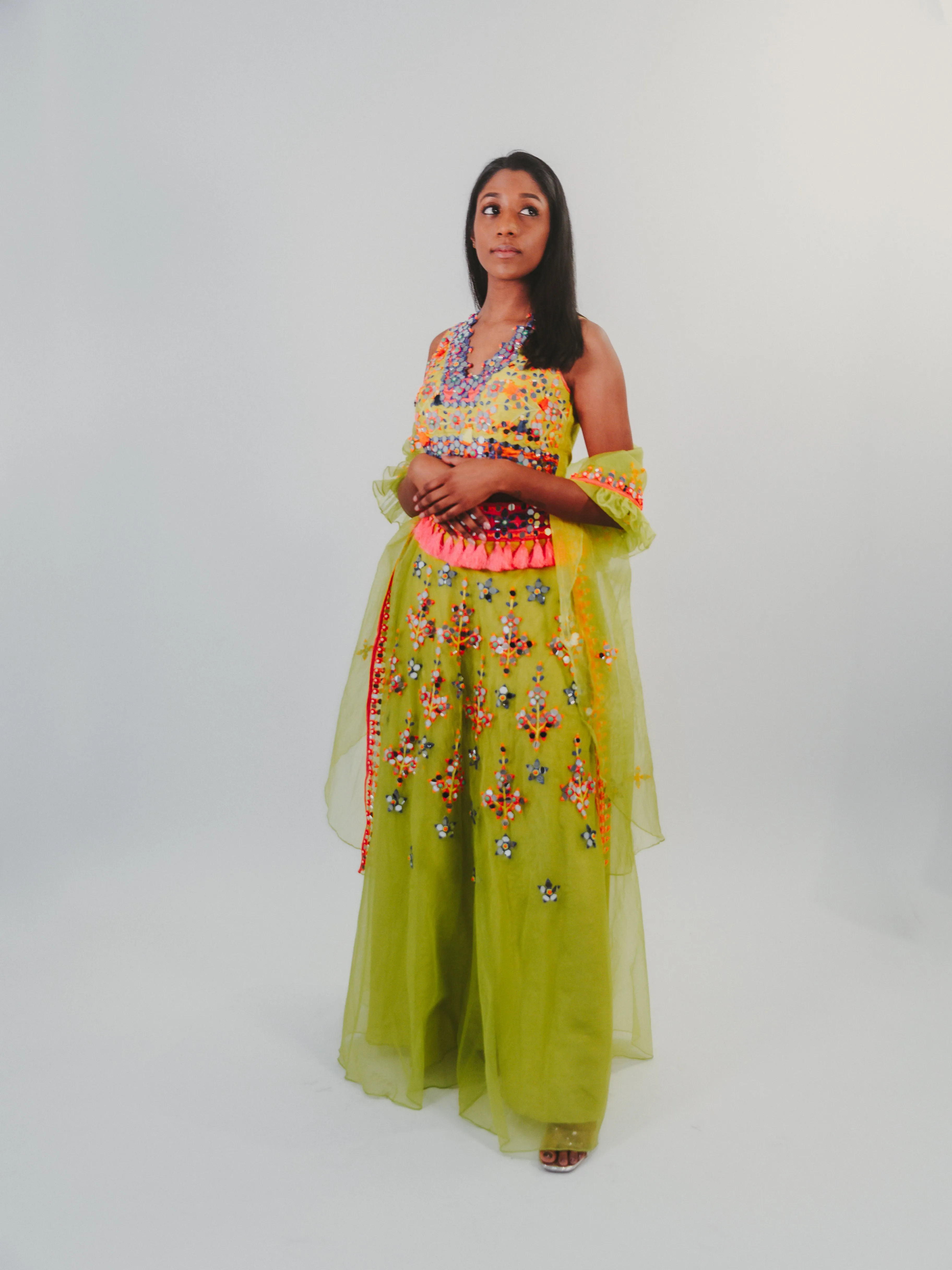 Green Organza Multi-Colored Mirrored Lehenga