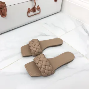 Kirby - Taupe Plaited Detail Square Toe Slip On Flat Sandals