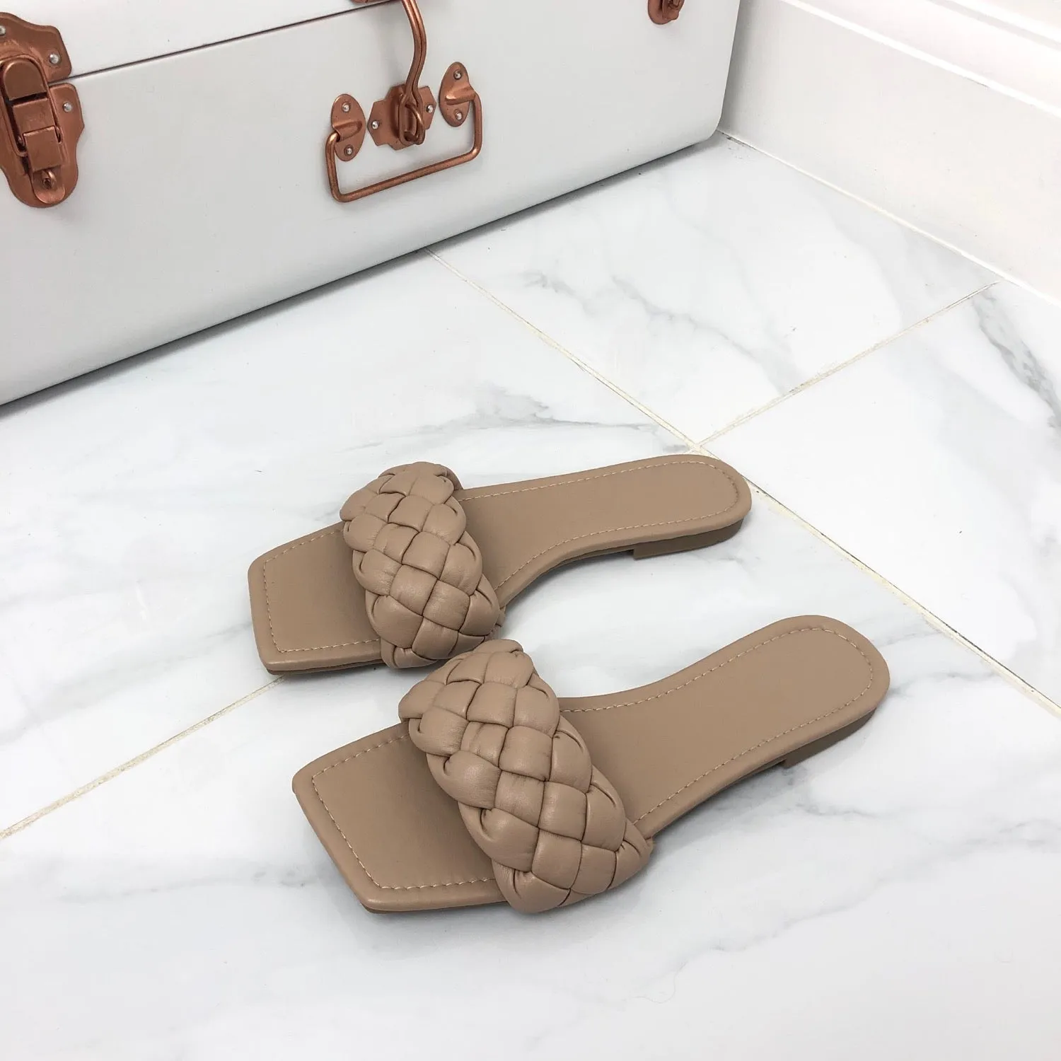 Kirby - Taupe Plaited Detail Square Toe Slip On Flat Sandals