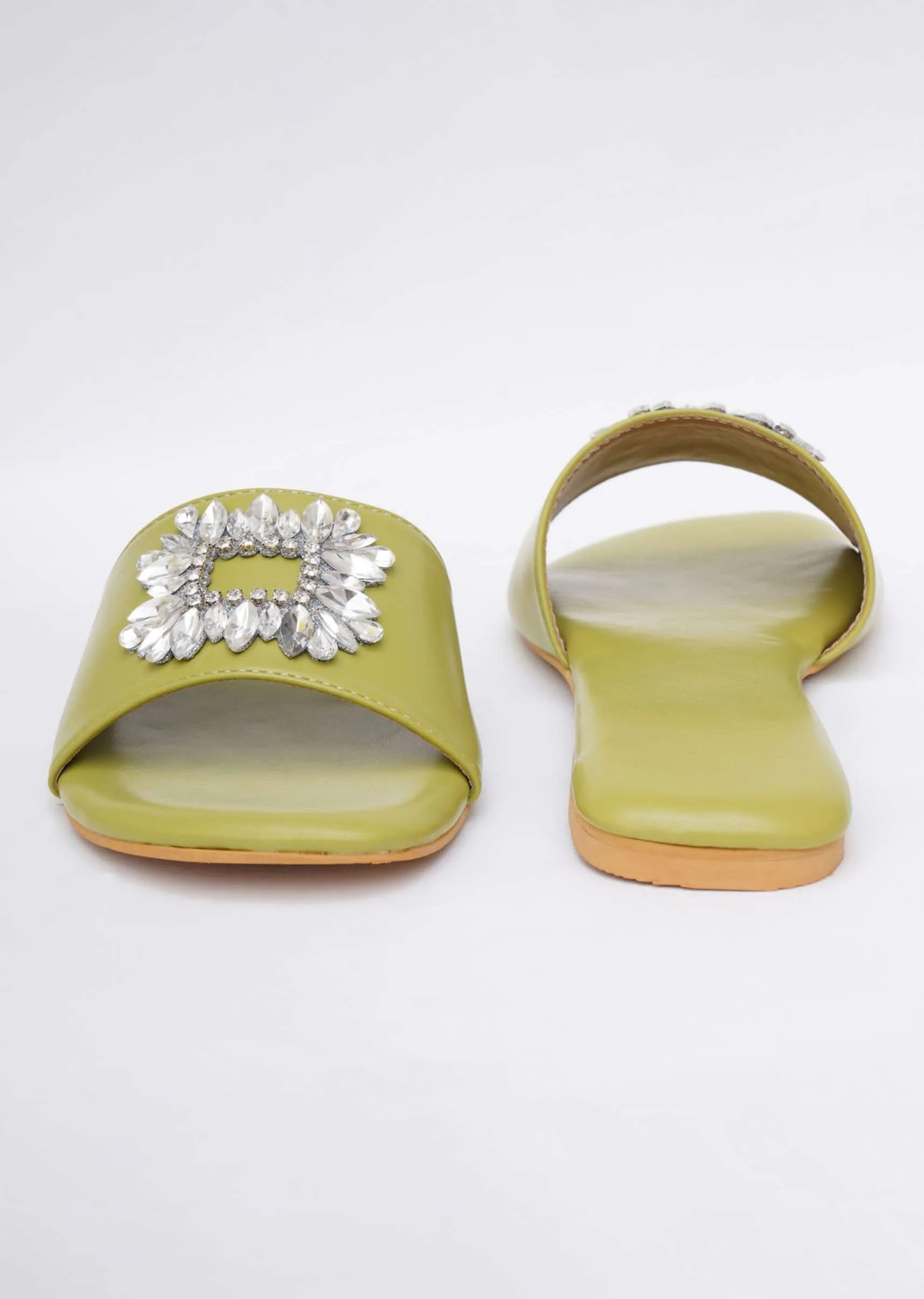 Lime Green Soft Faux Leather Brooch Flats