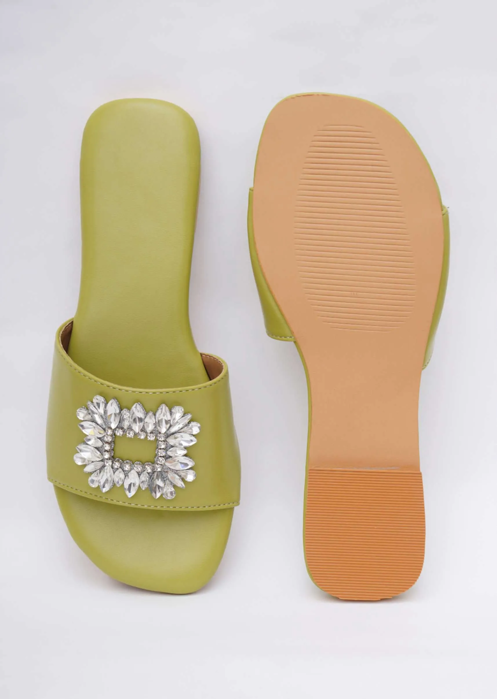 Lime Green Soft Faux Leather Brooch Flats