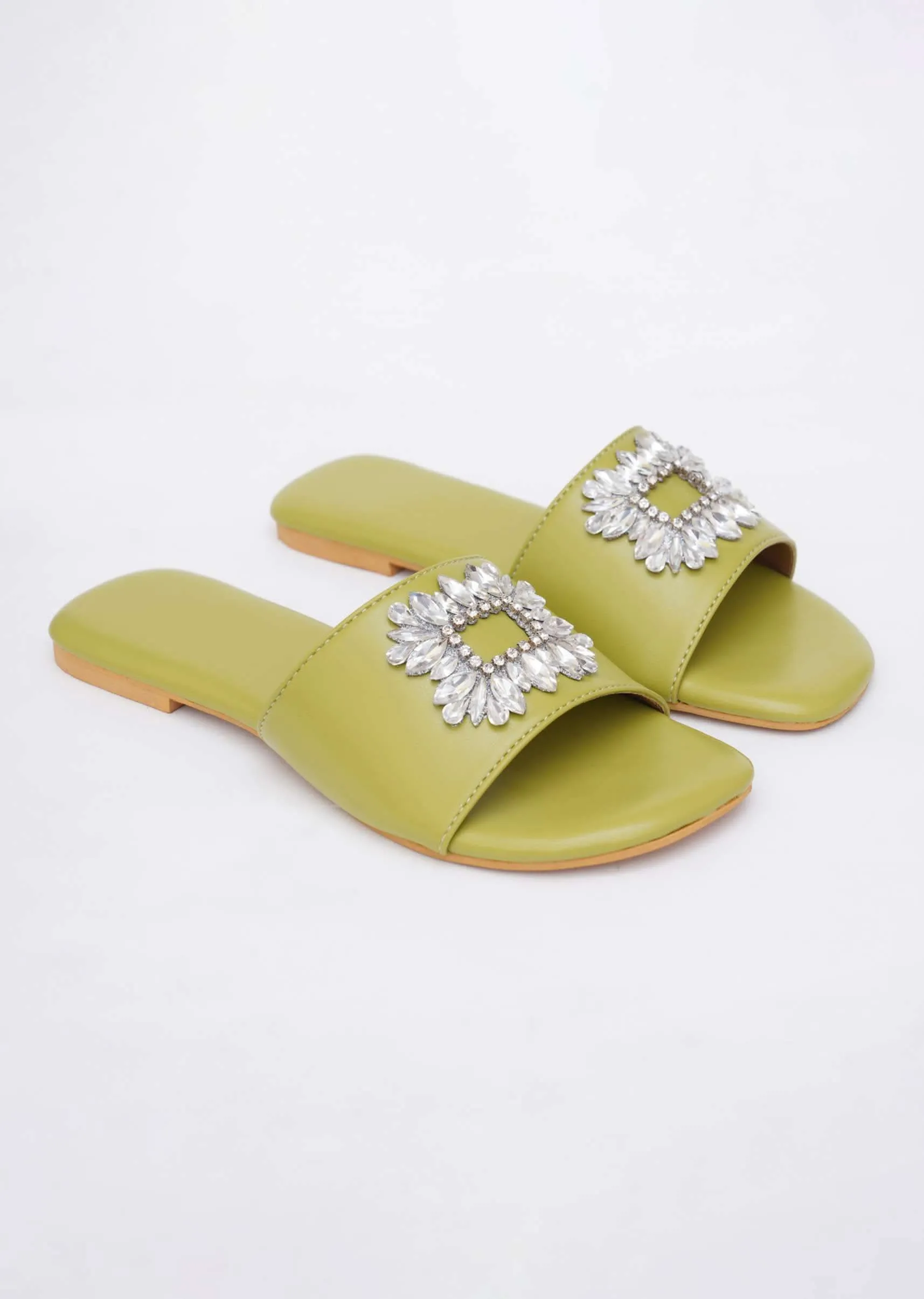 Lime Green Soft Faux Leather Brooch Flats