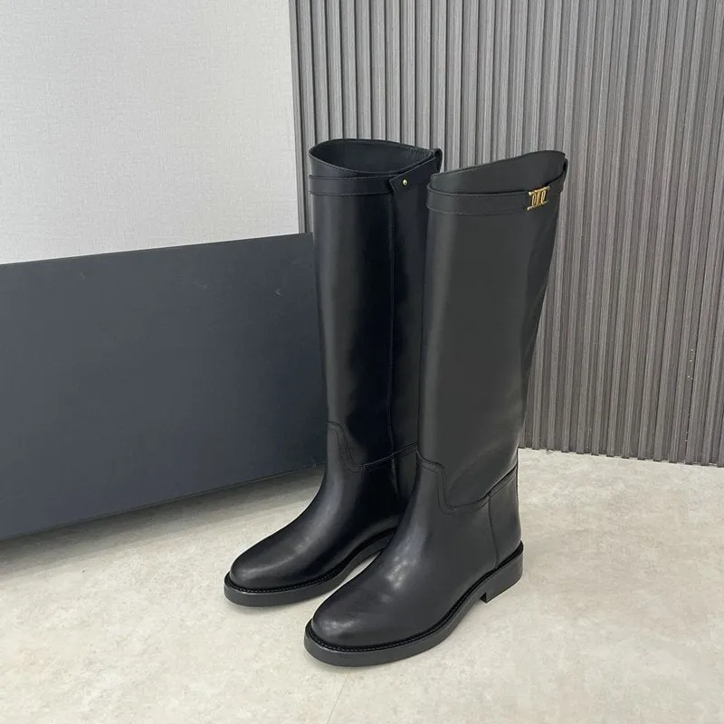 Riding Boots for Women In Cowhide Leather Round Toe Knee High Boots With Large Tube