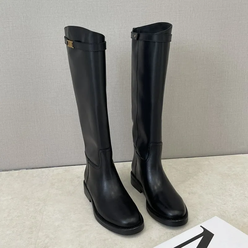 Riding Boots for Women In Cowhide Leather Round Toe Knee High Boots With Large Tube