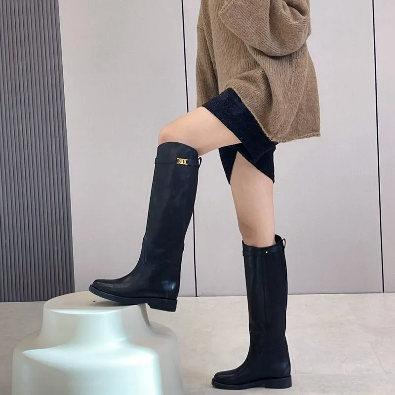 Riding Boots for Women In Cowhide Leather Round Toe Knee High Boots With Large Tube