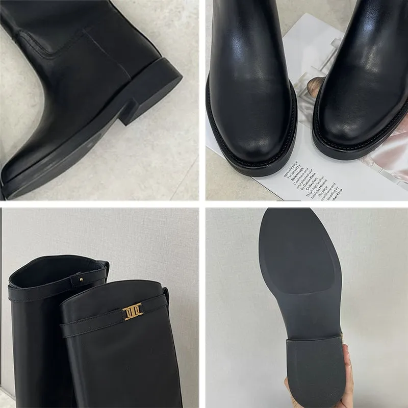 Riding Boots for Women In Cowhide Leather Round Toe Knee High Boots With Large Tube