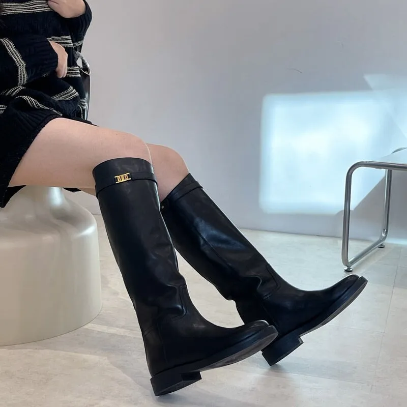 Riding Boots for Women In Cowhide Leather Round Toe Knee High Boots With Large Tube
