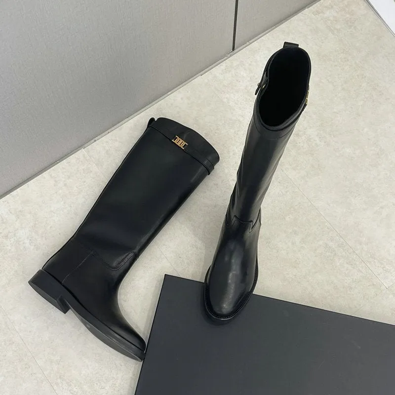 Riding Boots for Women In Cowhide Leather Round Toe Knee High Boots With Large Tube