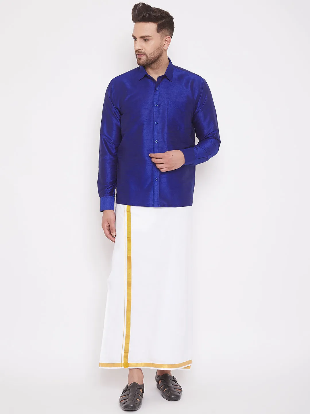 VASTRAMAY Men's Blue Silk Blend Ethnic Shirt